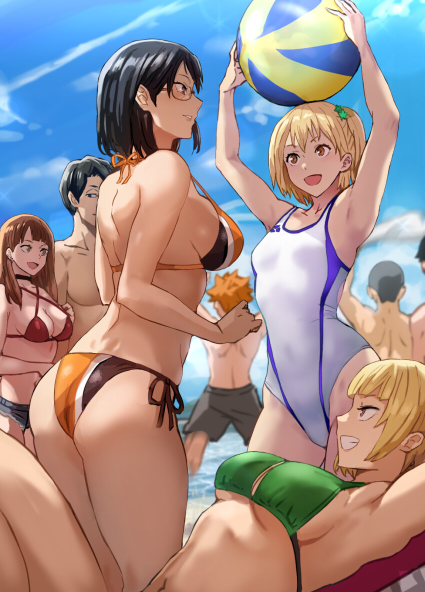 4boys, 4girls, armpits, arms_up, ass, bikini, black_eyes, black_hair, blonde_hair, breasts, brown_hair, character_request, cleavage, competition_swimsuit, daraz, glasses, haikyuu!!, highres, large_breasts, long_hair, looking_at_another, lying, medium_breasts, multiple_boys, multiple_girls, one-piece_swimsuit, open_mouth, purple_eyes, shimizu_kiyoko, short_hair, small_breasts, smile, swimsuit, tanaka_saeko_(haikyuu!!), yachi_hitoka, yamaka_mika
