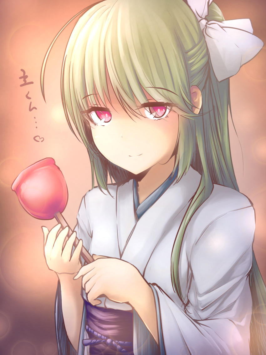 1girl, aoi_mokuren, backlighting, blue_kimono, candy_apple, closed_mouth, food, green_hair