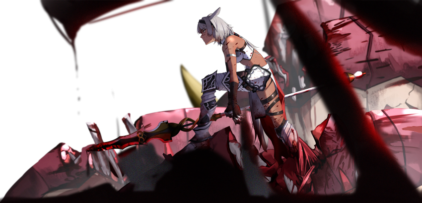 1girl, absurdres, after_battle, animal_ears, armored_boots, blood, bloody_weapon, boots