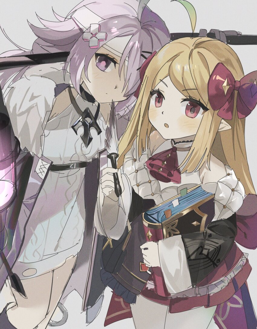 2girls, ahoge, aran_sweater, asymmetrical_bangs, bag, bandage_over_one_eye, bandages, bare_legs, belt, black_gloves, blonde_hair, book, boots, bow, cable_knit, chest_belt, coat, d-pad, d-pad_hair_ornament, eversoul, fur-trimmed_coat, fur_trim, gloves, grey_coat, hair_bow, hair_ornament, hair_over_one_eye, hamuzi2, highres, holding, holding_book, holding_quill, holding_shovel, korean_commentary, lantern, long_hair, long_sleeves, looking_at_viewer, manon_(eversoul), multiple_girls, petite, petra_(eversoul), pointy_ears, purple_coat, purple_eyes, purple_hair, quill, red_eyes, short_hair, shovel, standing, sweater, swept_bangs, white_background, white_sweater