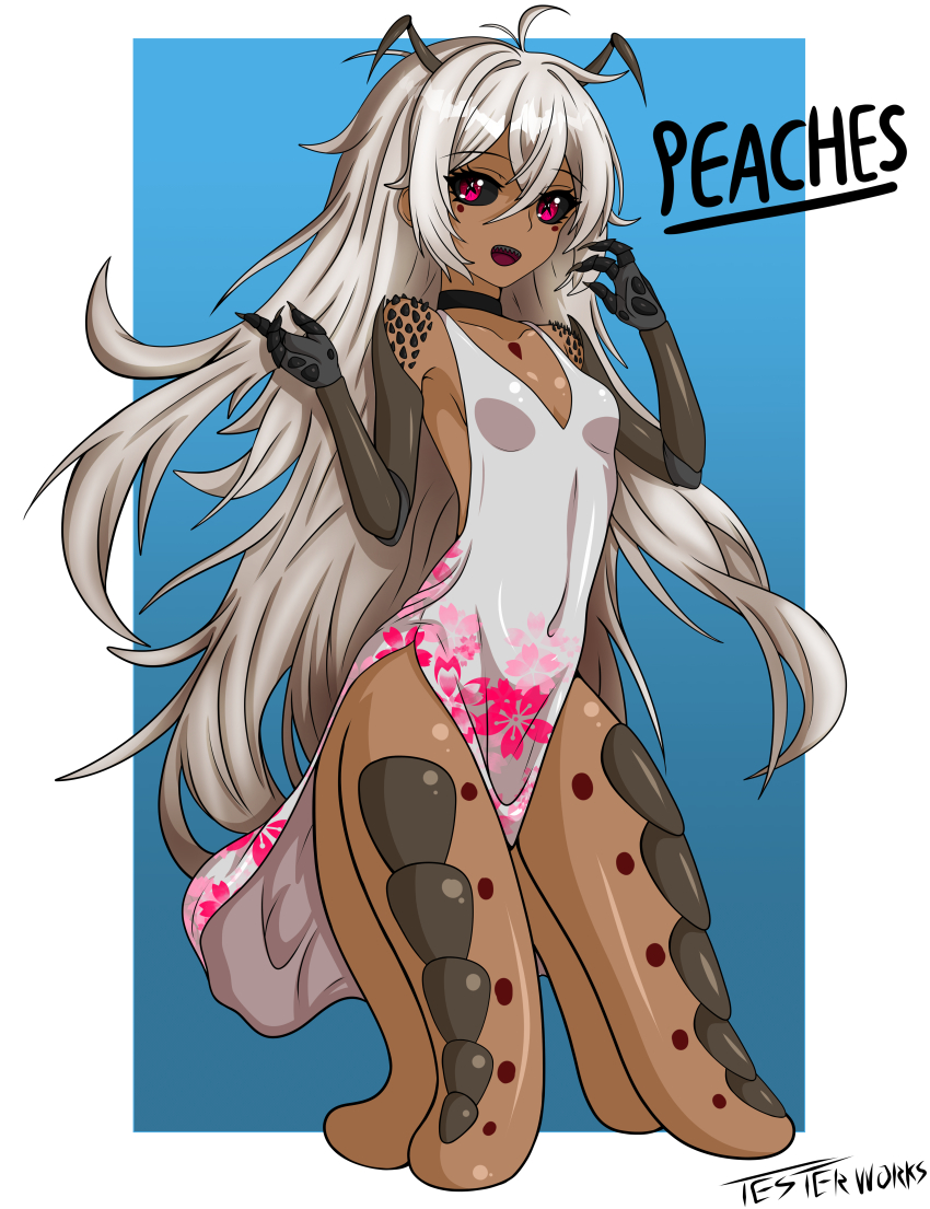 absurdres, alien, antennae, arthropod_girl, black_sclera, breasts, choker, colored_sclera