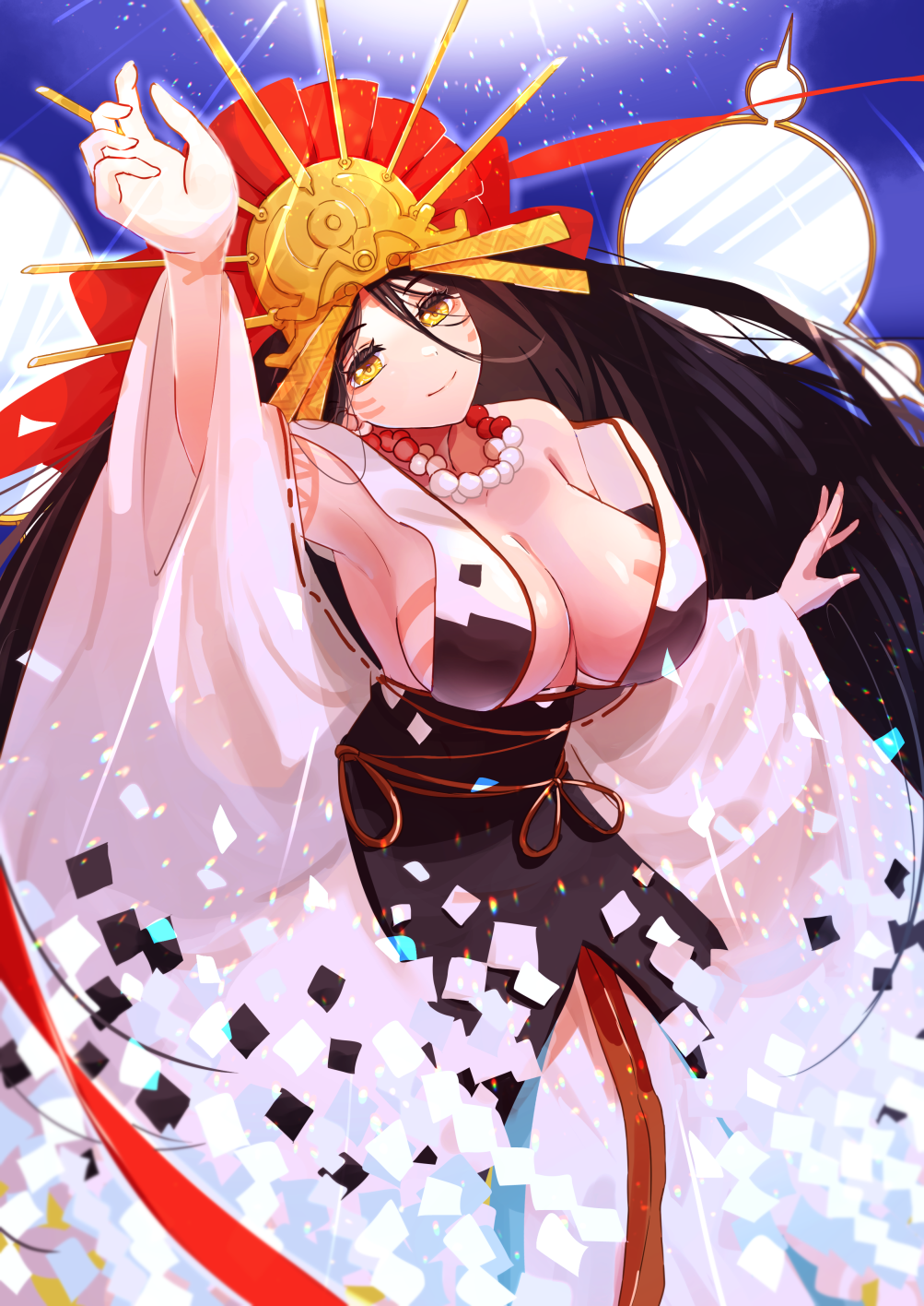 1girl, @mi_ne_ral, bead_necklace, beads, black_hair, body_markings, breasts, fate/grand_order