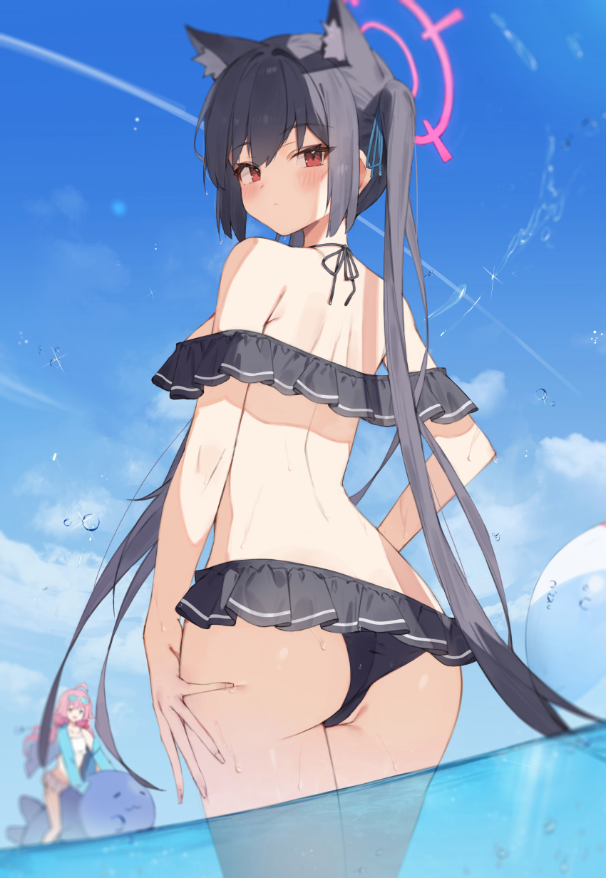 absurdres, animal_ears, ass, bare_shoulders, black_hair, blue_archive, cat_ears, frills