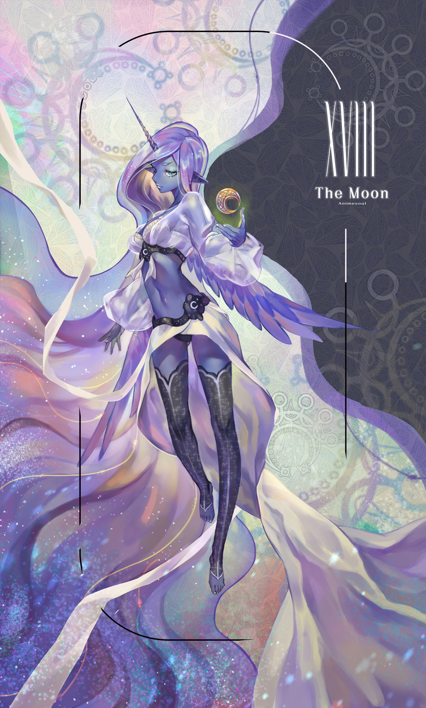 animesoul, bedroom, blue_skin, card_(medium), colored_skin, crescent, crescent_moon, feet, gluteal_fold, highres, horns, humanization, lingerie, long_hair, princess_luna, midriff, moon, moon_(symbol), my_little_pony, my_little_pony:_friendship_is_magic, panties, pointy_ears, see-through_clothes, see-through_sleeves, single_horn, stomach, tarot, tarot_(medium), tarot_arcana, the_moon_(tarot), toes, underwear, very_long_hair, wings