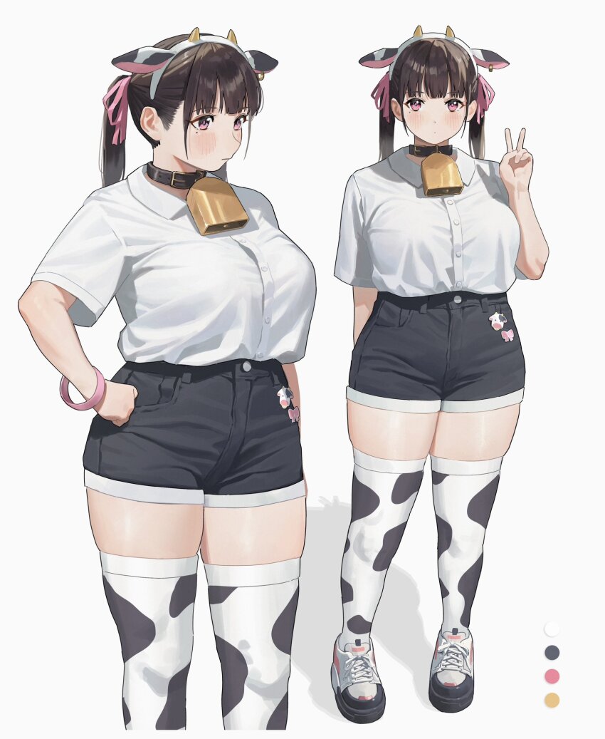 1girl, animal_ears, animal_print, arm_behind_back, badge, bell, black_hair, black_shorts