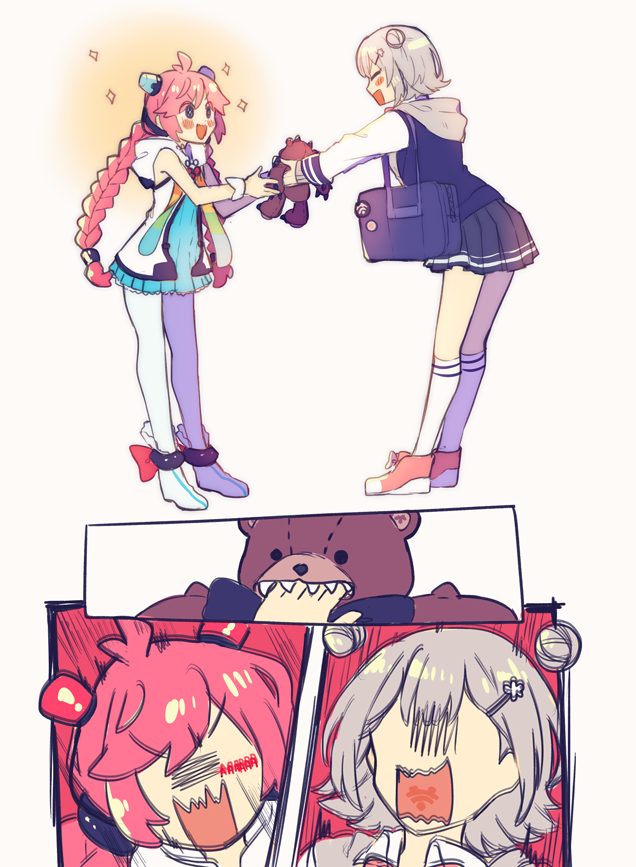 2girls, 4koma, aqua_dress, badge, bag, biting, biting_another's_hand, biting_hand