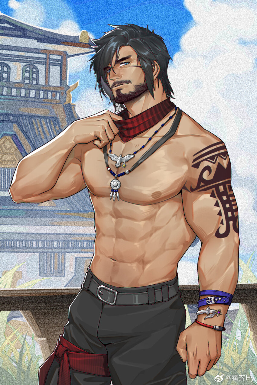1boy, abs, bara, beard, black_hair, blue_sky, chinese_commentary, commentary_request, commission, facial_hair, final_fantasy, final_fantasy_xiv, highres, hy_the_highlander, large_pectorals, male_focus, mature_male, muscular, muscular_male, mustache, navel, nipples, pectorals, peterhl, second-party_source, sky, solo, stomach, textless_version, topless_male, warrior_of_light_(ff14), watermark, weibo_watermark