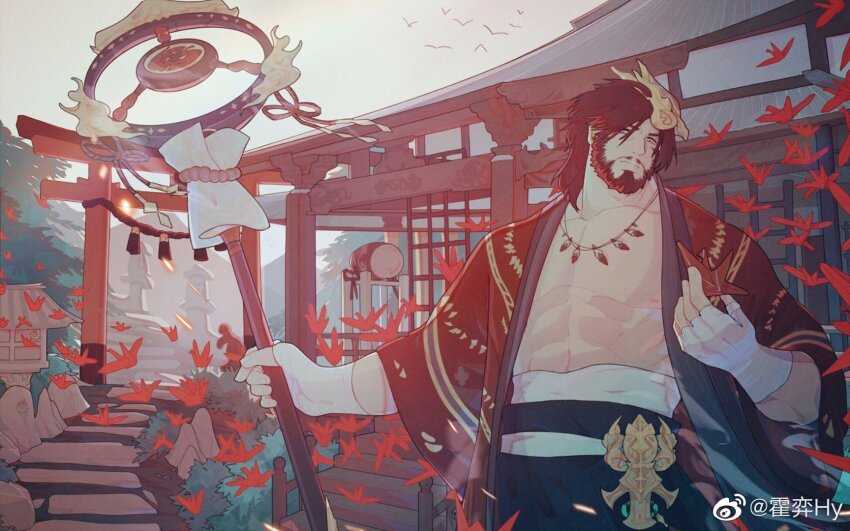 1boy, abs, artist_request, bandaged_arm, bandages, bara, bare_pectorals, beard