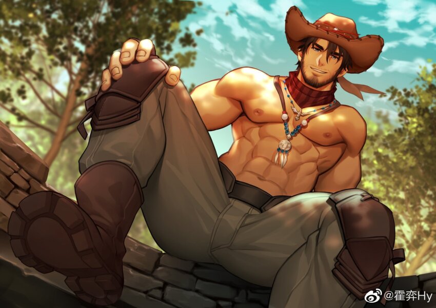 1boy, abs, bara, beard, boots, chrisanother, cowboy_hat, dutch_angle