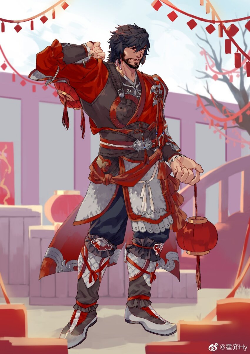 1boy, artist_request, bara, beard, belt, braid, chinese_clothes, chinese_new_year