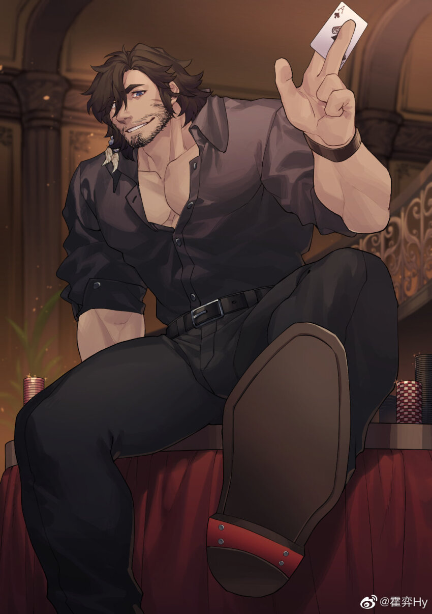 1boy, ace_(playing_card), ace_of_spades, artist_request, bara, beard, bulge, card