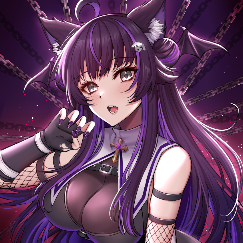 1girl, absurdres, ahoge, animal_ears, bare_shoulders, black_eyes, black_gloves, blush, breasts, chain, elbow_gloves, fishnet_gloves, fishnets, gloves, gu_li, head_wings, highres, indie_virtual_youtuber, keru_beros, large_breasts, long_hair, looking_at_viewer, multicolored_hair, open_mouth, purple_hair, purple_nails, solo, streaked_hair, teeth, tongue, two-tone_hair, virtual_youtuber, wings
