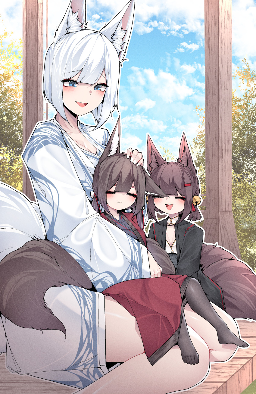 3girls, :d, =_=, absurdres, akagi-chan_(azur_lane), amagi-chan_(azur_lane), animal_ears, azur_lane