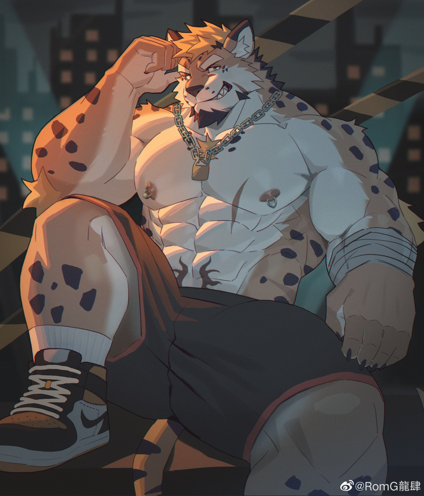 1boy, abs, absurdres, artist_request, bandaged_arm, bandages, bara, black_shorts, chain, chain_necklace, elbow_rest, facial_hair, foot_out_of_frame, furry, furry_male, goatee, highres, jewelry, large_feet, large_pectorals, lock_necklace, looking_at_viewer, male_focus, muscular, muscular_arms, muscular_male, necklace, nipple_piercing, nipple_rings, nipples, original, pectorals, piercing, ring_piercing, romg, romg_the_jaguar, romg_the_tiger, second-party_source, shoes, short_hair, shorts, sitting, smirk, sneakers, solo, stomach, stomach_tattoo, tattoo, thick_eyebrows, thighs, tiger_boy, topless_male