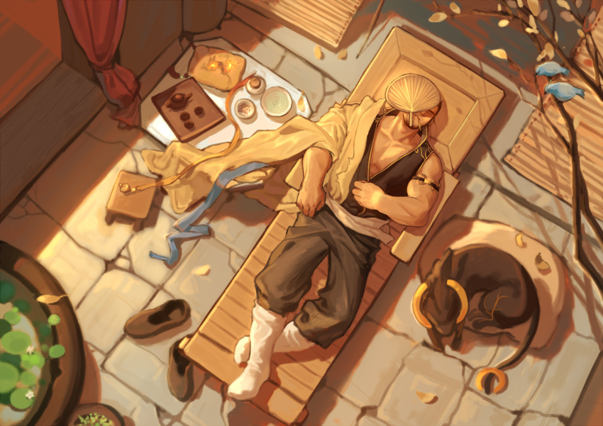 1boy, absurdres, arm_strap, autumn_leaves, baimeme, bara, beard, biceps