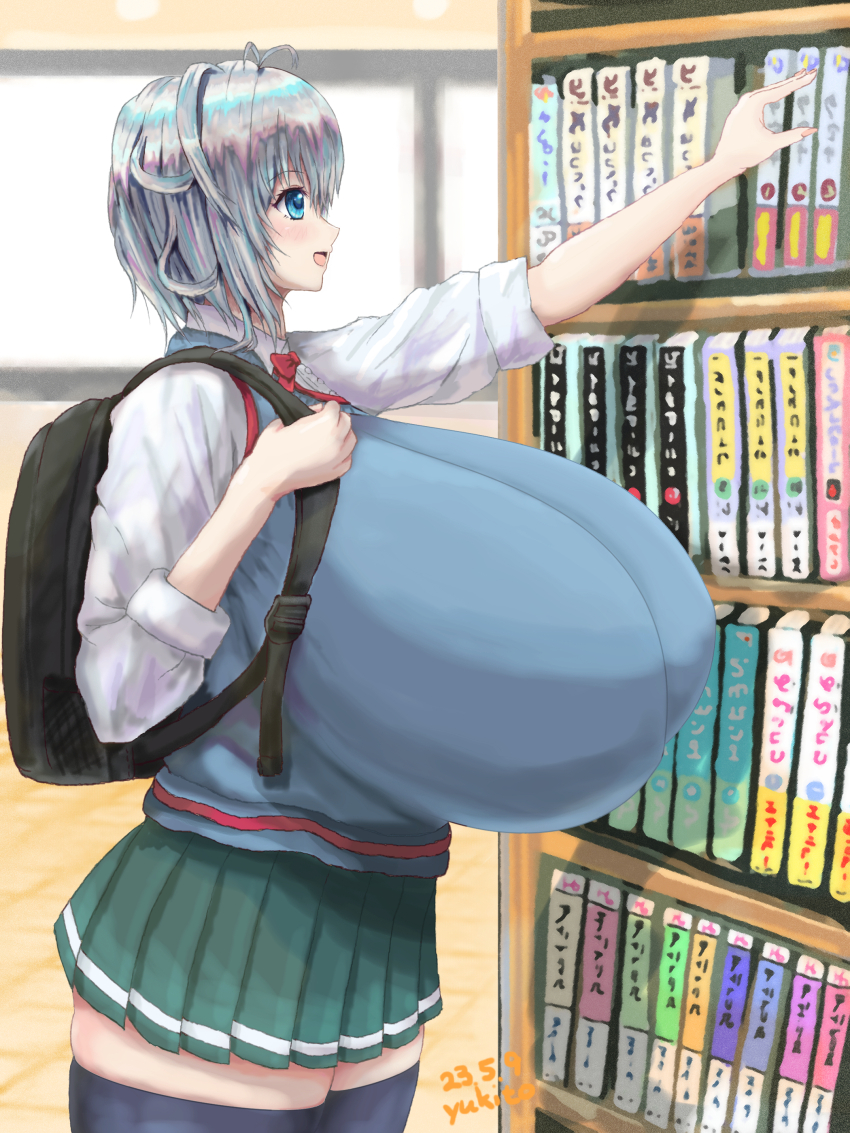 1girl, absurdres, backpack, bag, blue_eyes, blue_shirt, blurry_text, book, bookshelf, breasts, floor, gigantic_breasts, green_skirt, grey_hair, highres, holding, holding_bag, indoors, library, looking_at_object, miniskirt, open_mouth, original, pale_skin, profile, puffy_sleeves, reaching_up, school_uniform, shirt, sideboob, skindentation, skirt, smile, solo, standing, thick_thighs, thighhighs, thighs, window, yukito, zettai_ryouiki