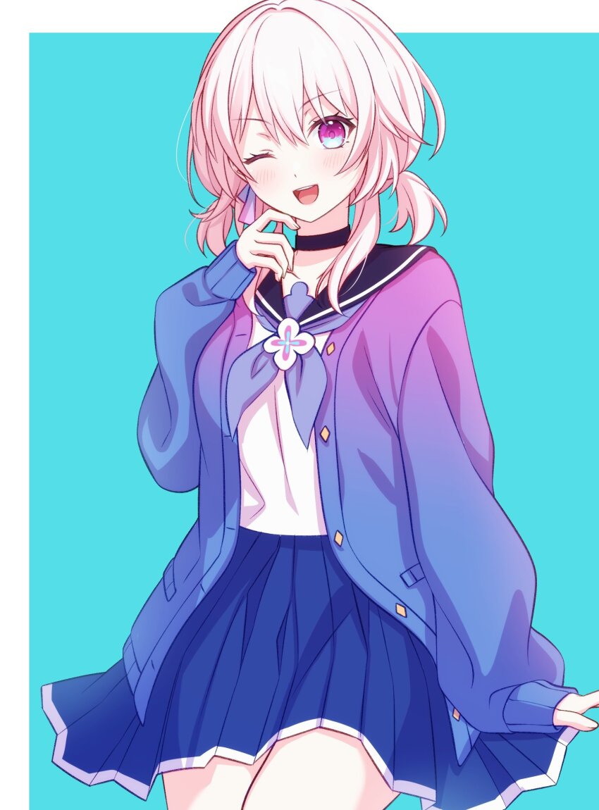 1girl, black_choker, blue_cardigan, blue_eyes, blue_sailor_collar, blue_skirt, breasts, buttons, cardigan, choker, collarbone, cowboy_shot, earrings, eyelashes, finger_to_own_chin, gradient_cardigan, gradient_eyes, hair_between_eyes, hair_over_shoulder, head_tilt, highres, honkai:_star_rail, honkai_(series), jewelry, legs_together, light_blush, long_sleeves, low_twintails, march_7th_(honkai:_star_rail), medium_breasts, medium_hair, multicolored_eyes, one_eye_closed, open_cardigan, open_clothes, open_mouth, pink_cardigan, pink_eyes, pink_hair, pleated_skirt, pochimaru_(marumaru_wanwan), sailor_collar, school_uniform, serafuku, shirt, sidelocks, single_earring, skirt, smile, solo, teeth, tongue, twintails, two-tone_eyes, upper_teeth_only, white_shirt, wide_sleeves
