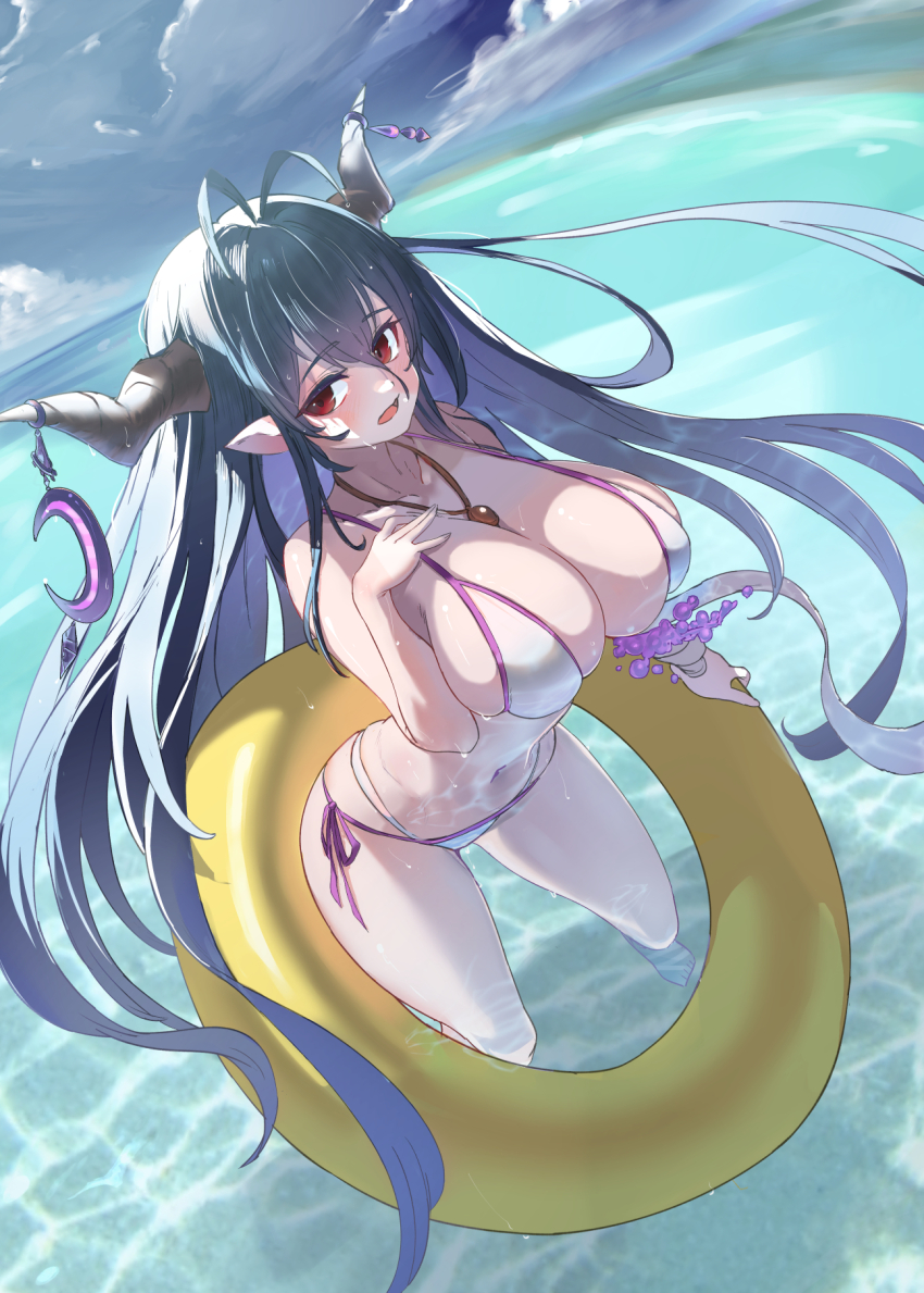 1girl, antenna_hair, aya_tarou, bandaged_arm, bandages, bare_shoulders, bikini, black_hair, breasts, cleavage, collarbone, crescent, danua, danua_(summer)_(granblue_fantasy), day, draph, granblue_fantasy, hair_between_eyes, halterneck, highres, horn_ornament, horns, huge_breasts, innertube, jewelry, light_blush, long_hair, navel, necklace, ocean, open_mouth, pointy_ears, red_eyes, shiny_skin, side-tie_bikini_bottom, solo, string_bikini, swim_ring, swimsuit, very_long_hair, wet, white_bikini, wide_hips