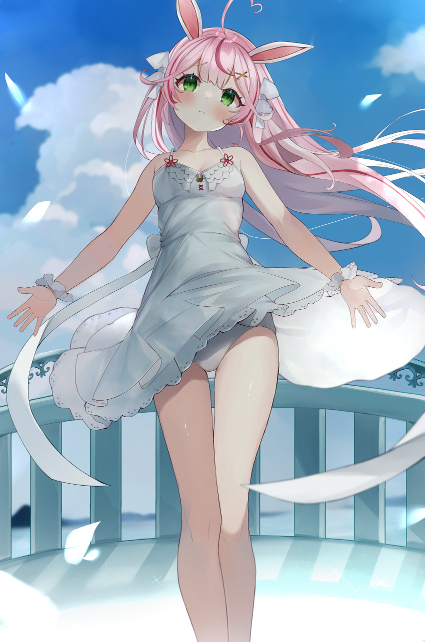 1girl, absurdres, animal_ears, arms_at_sides, back_bow, blush, bow, breasts