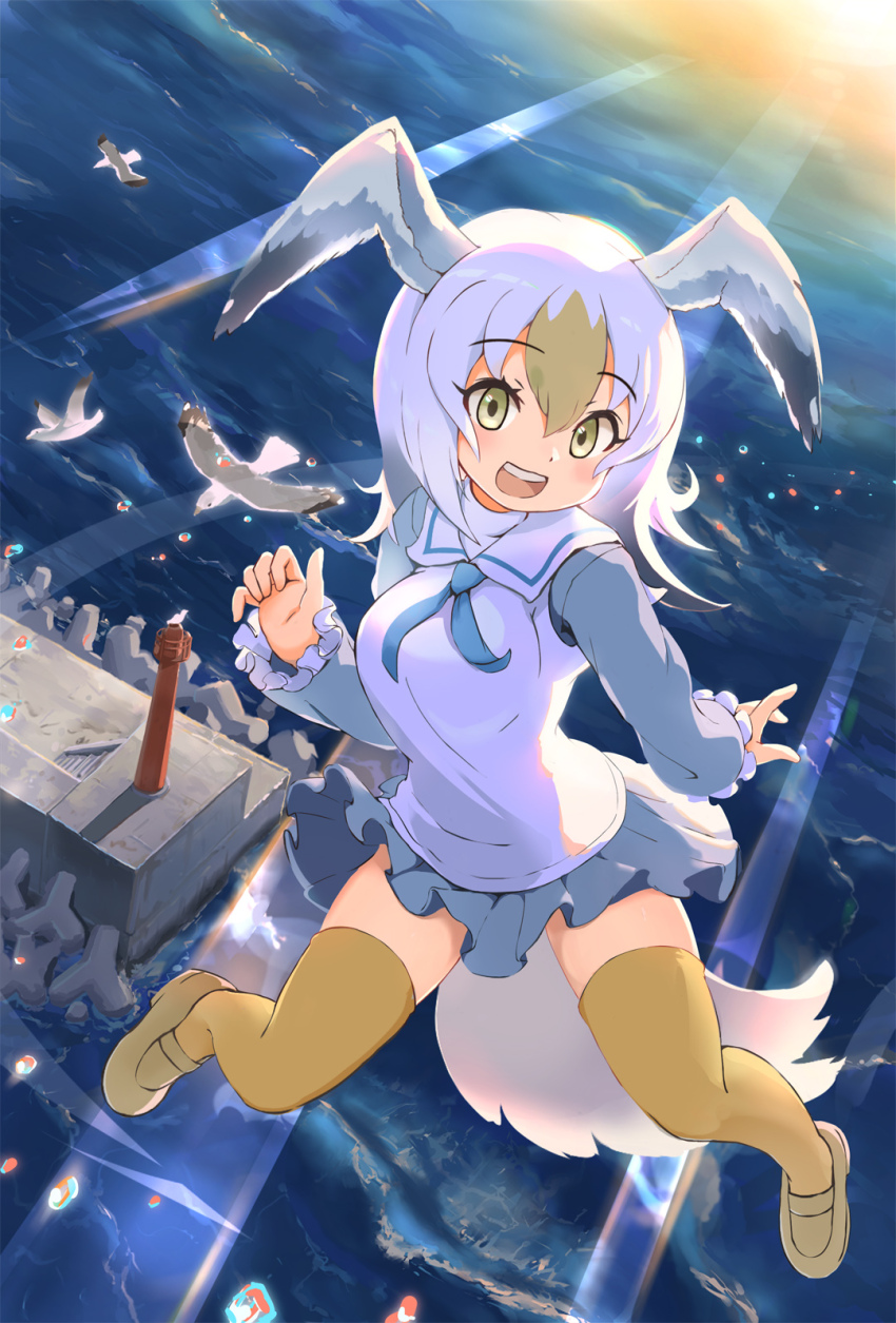 1girl, bird, bird_girl, bird_tail, bird_wings, blonde_hair, blue_neckerchief, blush