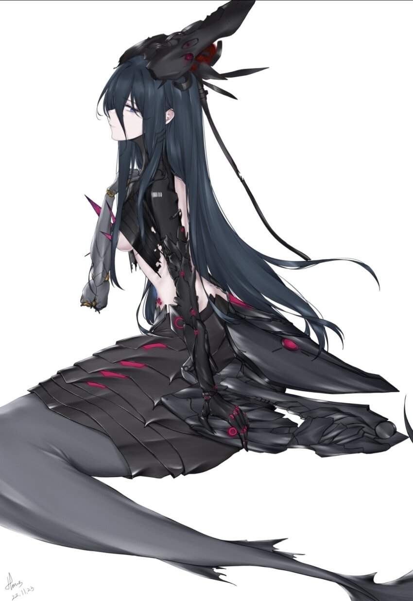 1girl, android, black_hair, blue_eyes, closed_mouth, expressionless, hair_between_eyes, headgear, highres, himos, lamia_(npc)_(pgr), lamia_(pgr), long_hair, looking_at_viewer, mechanical_arms, mermaid, messy_hair, midriff, monster_girl, punishing:_gray_raven, sidelocks, simple_background, sitting, solo, white_background