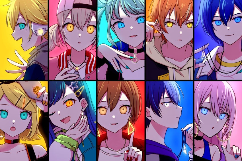 4boys, 6+girls, aoyagi_touya, aqua_eyes, aqua_nails, azusawa_kohane, baseball_cap, black_choker