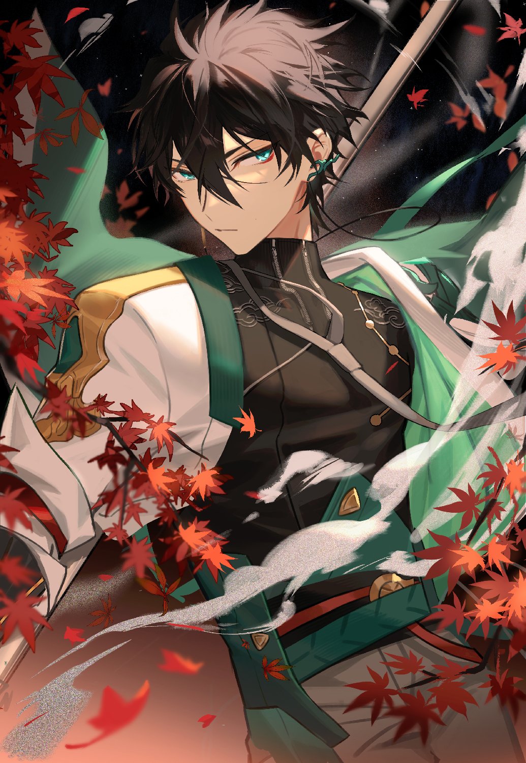 1boy, aleo, aqua_eyes, black_hair, closed_mouth, commentary_request, cowboy_shot, dan_heng_(honkai:_star_rail)