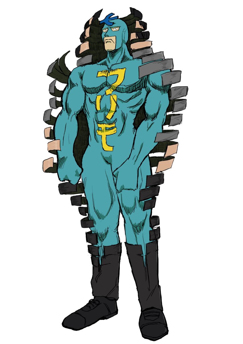 1boy, abs, aqua_bodysuit, bodysuit, character_name, clothes_writing, frimomen_(voicepeak), frown