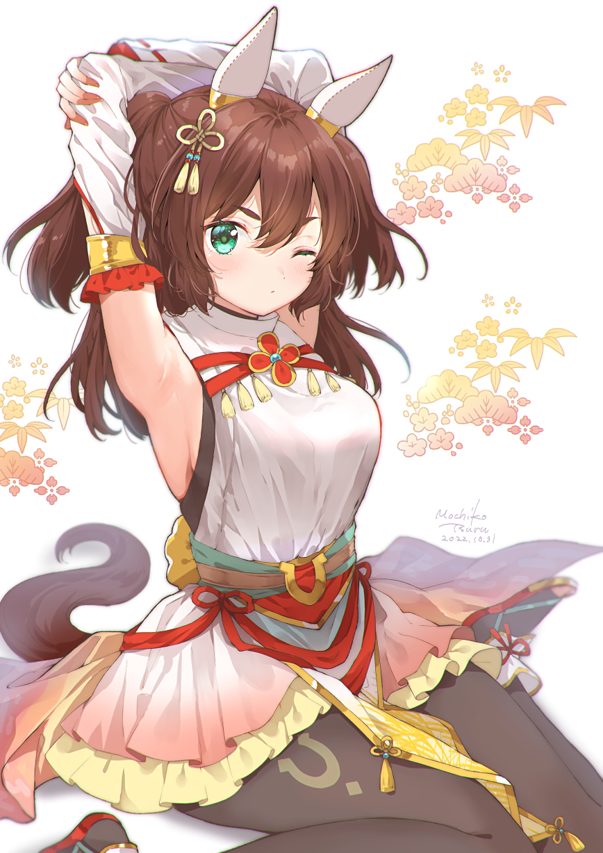 1girl, animal_ears, armpits, arms_up, black_pantyhose, blush, breasts, brown_hair, detached_sleeves, double-parted_bangs, ear_covers, gradient_clothes, gradient_skirt, green_eyes, hair_ornament, highres, horse_ears, horse_girl, horse_tail, inari_one_(fields_of_gold)_(umamusume), inari_one_(umamusume), long_hair, medium_breasts, mochiko_tsuru, nontraditional_miko, official_alternate_costume, one_eye_closed, pantyhose, presenting_armpit, sash, sideboob, sitting, skirt, sleeveless, solo, stretching, tail, tassel, tassel_hair_ornament, two_side_up, ultraman_belial_early_style, umamusume, wariza