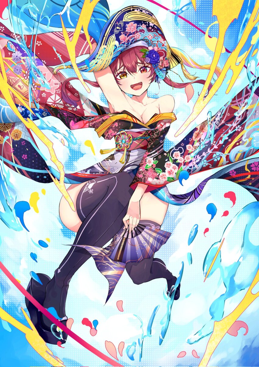 1girl, adapted_costume, arm_up, armpit_crease, armpits, bare_shoulders, breasts, collarbone