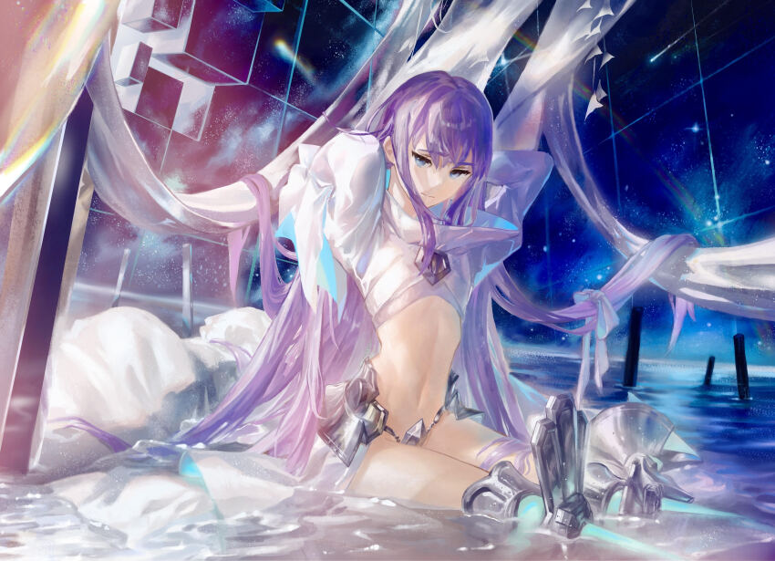 1girl, absurdres, blue_eyes, chiaspicy, closed_mouth, commentary, cropped_jacket, crotch_plate, english_commentary, fate/extra, fate/extra_ccc, fate/grand_order, fate_(series), highres, jacket, long_hair, looking_at_viewer, meltryllis_(fate), meltryllis_(third_ascension)_(fate), navel, prosthesis, prosthetic_leg, purple_hair, revealing_clothes, shrug_(clothing), sitting, solo, stomach, very_long_hair, white_jacket