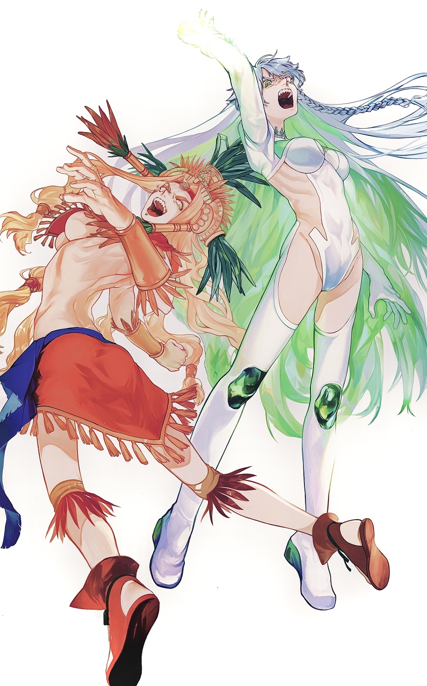 2girls, absurdres, bakushi_(kaeritai0609), blonde_hair, bodysuit, bracer, braid, breasts