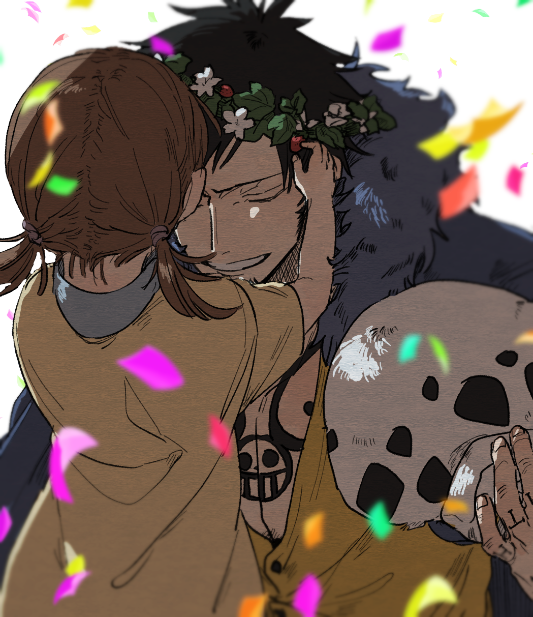 1boy, 1girl, age_difference, black_hair, blue_coat, blurry, blurry_foreground, brown_hair, chest_tattoo, child, closed_eyes, coat, confetti, finger_tattoo, from_above, fur-trimmed_coat, fur_trim, hat, heart_pirates, highres, jolly_roger, male_focus, mgmsop, nose, one_piece, parted_lips, partially_unbuttoned, shirt, short_hair, sideburns, simple_background, tattoo, teeth, time_paradox, trafalgar_lami, trafalgar_law, unworn_hat, unworn_headwear, very_short_hair, white_background, wreath, yellow_shirt
