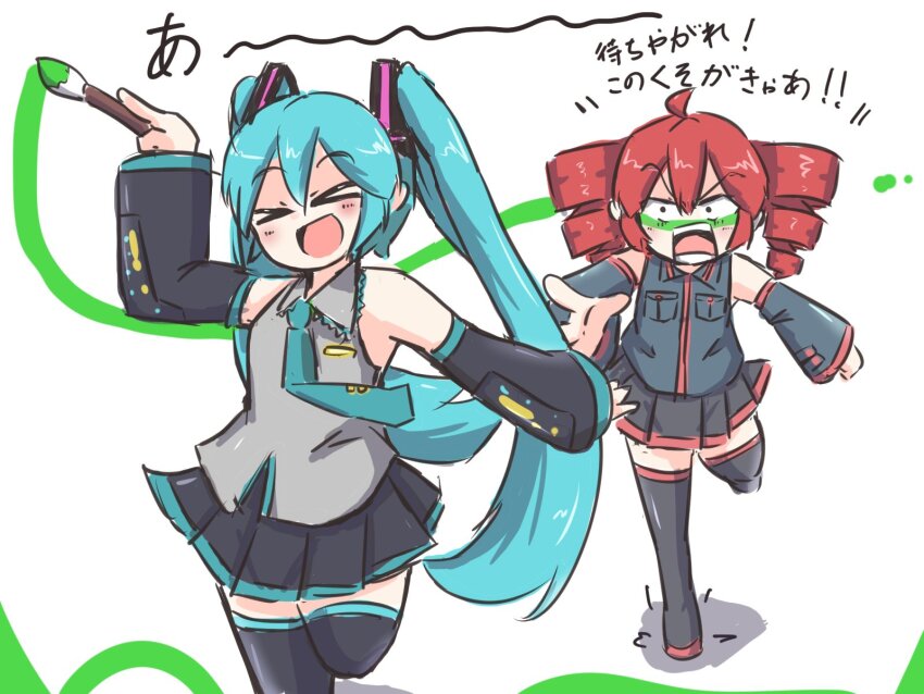 >_<, 2girls, ahoge, angry, aqua_hair, aqua_necktie, art_brush, bare_shoulders