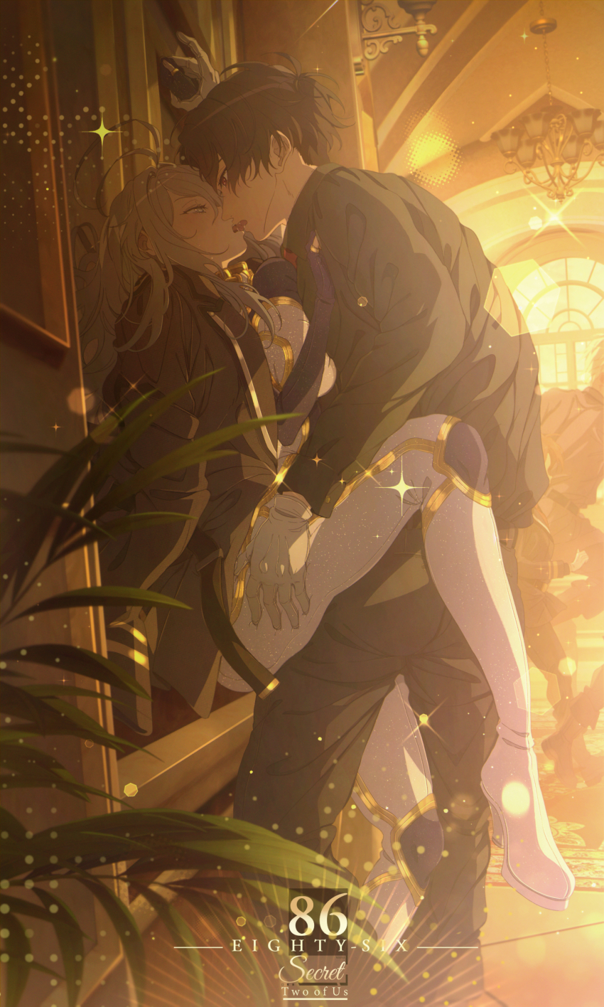 1boy, 1girl, 86_-eightysix-, absurdres, ahoge, black_hair, black_pants, black_shirt