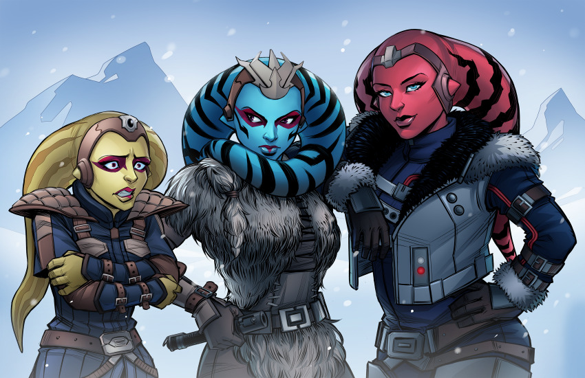 3girls, alien, belt, blue_eyes, blue_skin, colored_skin, facing_viewer, gloves, hand_on_own_hip, hannelart, highres, jacket, looking_at_viewer, multiple_girls, outdoors, red_skin, snowing, star_wars, teeth, trembling, twi'lek, upper_body, yellow_skin