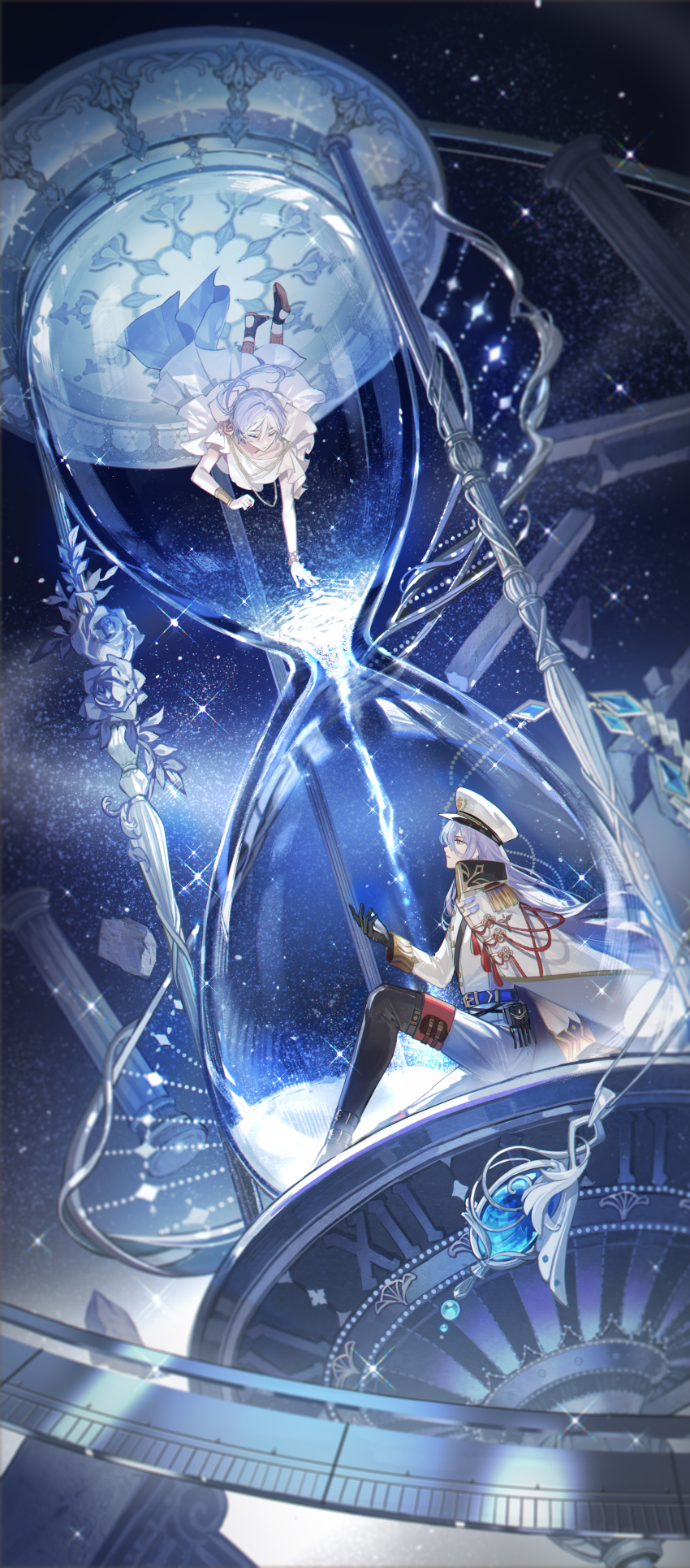 1boy, 1girl, absurdres, astrolabe, black_gloves, black_pants, bracer, cael_anselm