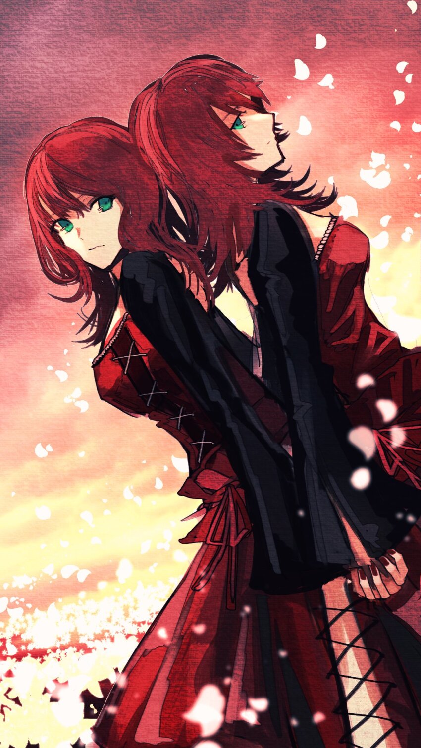 2girls, back-to-back, breasts, devola, dress, expressionless, green_eyes, highres