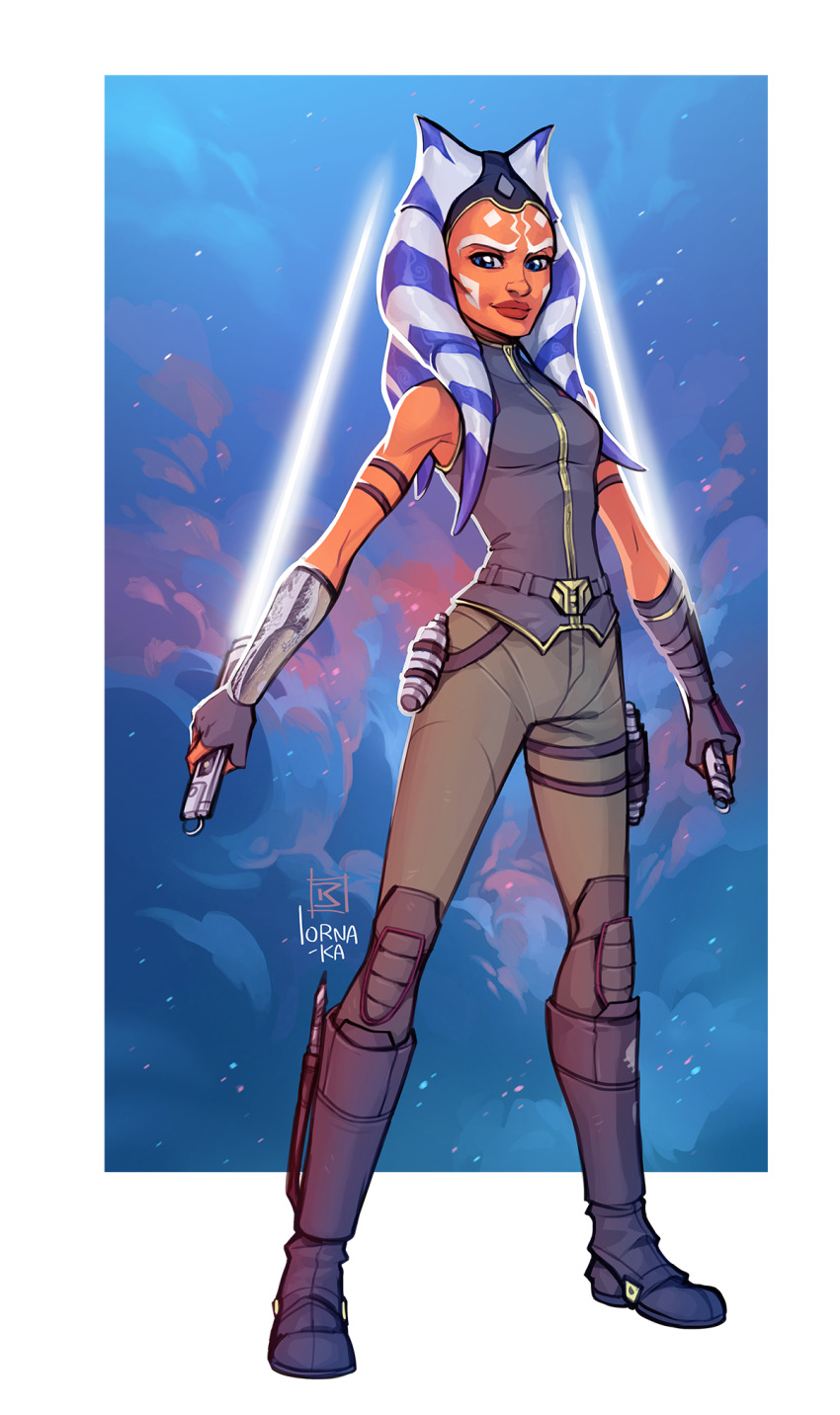 1girl, ahsoka_tano, alien, artist_name, belt, blue_eyes, boots, brown_pants