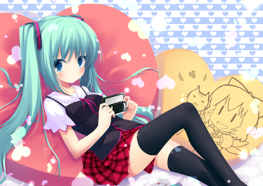1girl, aqua_eyes, aqua_hair, bad_id, bad_pixiv_id, blush, cirno, female_focus, handheld_game_console, haruka_(aaasld), hatsune_miku, long_hair, pillow, playing_games, playing_video_games, playstation_portable, sitting, skirt, solo, thighhighs, touhou, twintails, very_long_hair, vocaloid, zettai_ryouiki