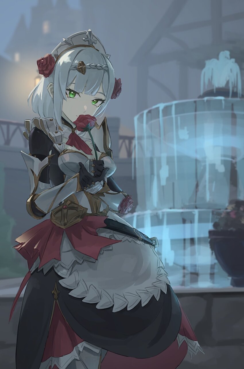 1girl, armor, armored_dress, ascot, braid, braided_bangs, dress, flower, fountain, gauntlets, genshin_impact, green_eyes, grey_hair, hair_flower, hair_ornament, highres, looking_at_viewer, maid, maid_headdress, night, nium_404, noelle_(genshin_impact), red_ascot, red_flower, red_rose, rose, sky, solo, water