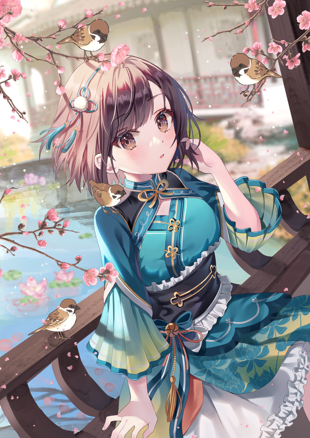 1girl, animal, animal_on_shoulder, bird, bird_on_shoulder, branch, breasts, brown_eyes