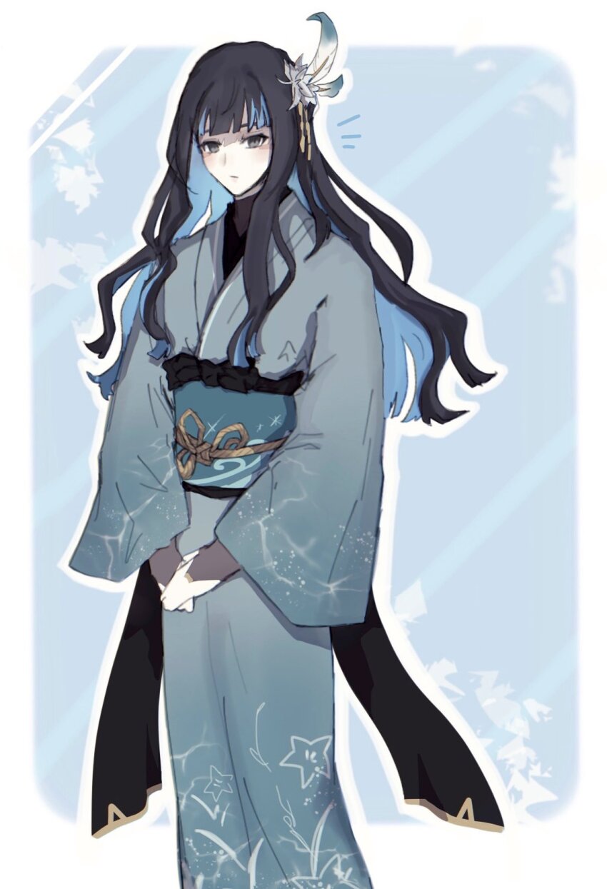 1girl, alternate_costume, black_hair, blue_hair, blue_kimono, colored_inner_hair, cowboy_shot, expressionless