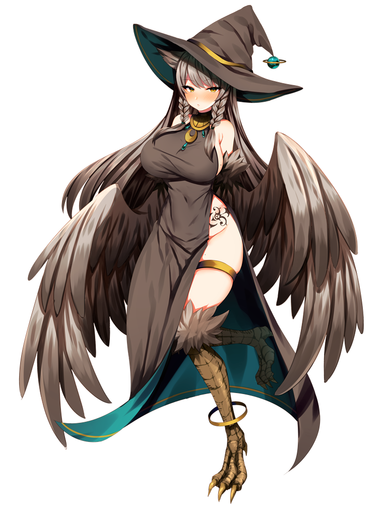 1girl, anklet, aura_venefika, bird_legs, black_dress, black_hat, braid, breasts, brown_hair, covered_navel, dairoku_ryouhei, dress, feathered_wings, full_body, harpy, hat, impossible_clothes, jewelry, large_breasts, looking_at_viewer, marota, mole, mole_on_breast, monster_girl, sleeveless, sleeveless_dress, solo, tattoo, thigh_strap, transparent_background, twin_braids, winged_arms, wings, witch_hat