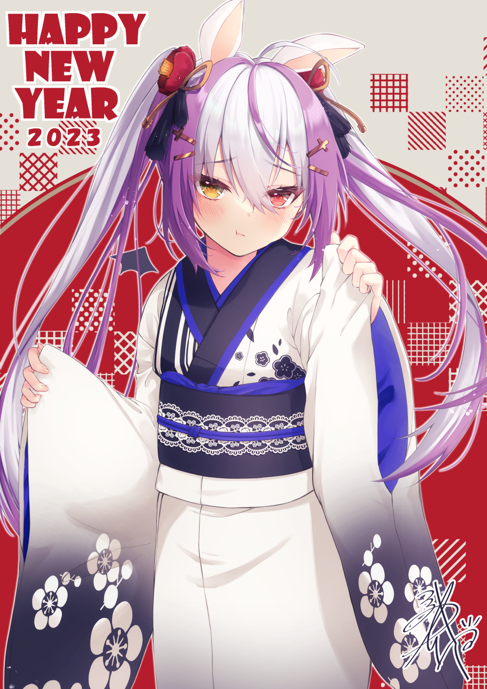 1girl, 2023, animal_ears, bat_wings, blush, cross_hair_ornament, english_text, flower