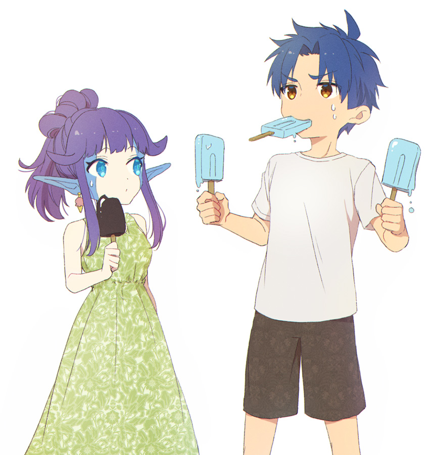 1boy, 1girl, black_shorts, blue_eyes, breasts, closed_mouth, dress, earrings