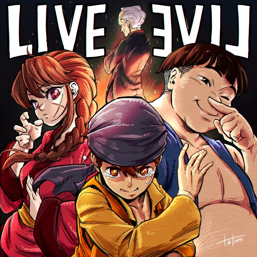 1girl, 3boys, absurdres, bandana, black_hair, braid, brown_hair, closed_mouth