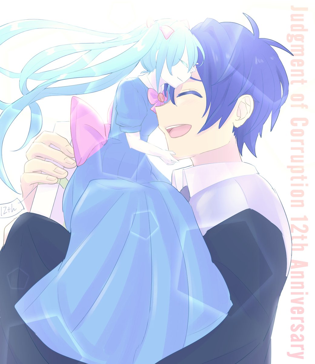 akame_(akame0516), akutoku_no_judgement_(vocaloid), anniversary, aqua_hair, black_robe, blue_dress, blue_eyes, bow