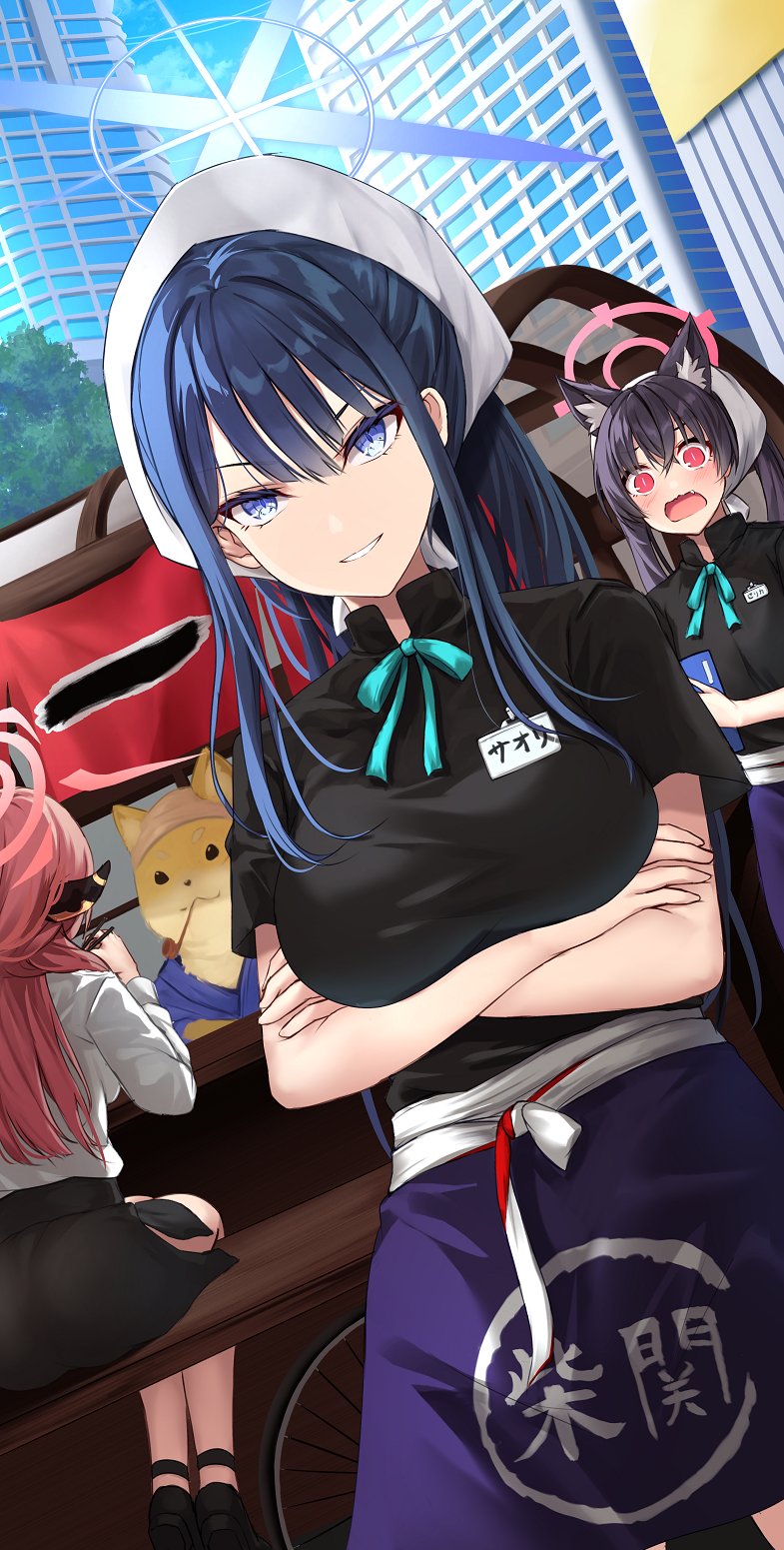 1boy, 3girls, alternate_costume, animal_ear_fluff, animal_ears, apron, aru_(blue_archive), bandana