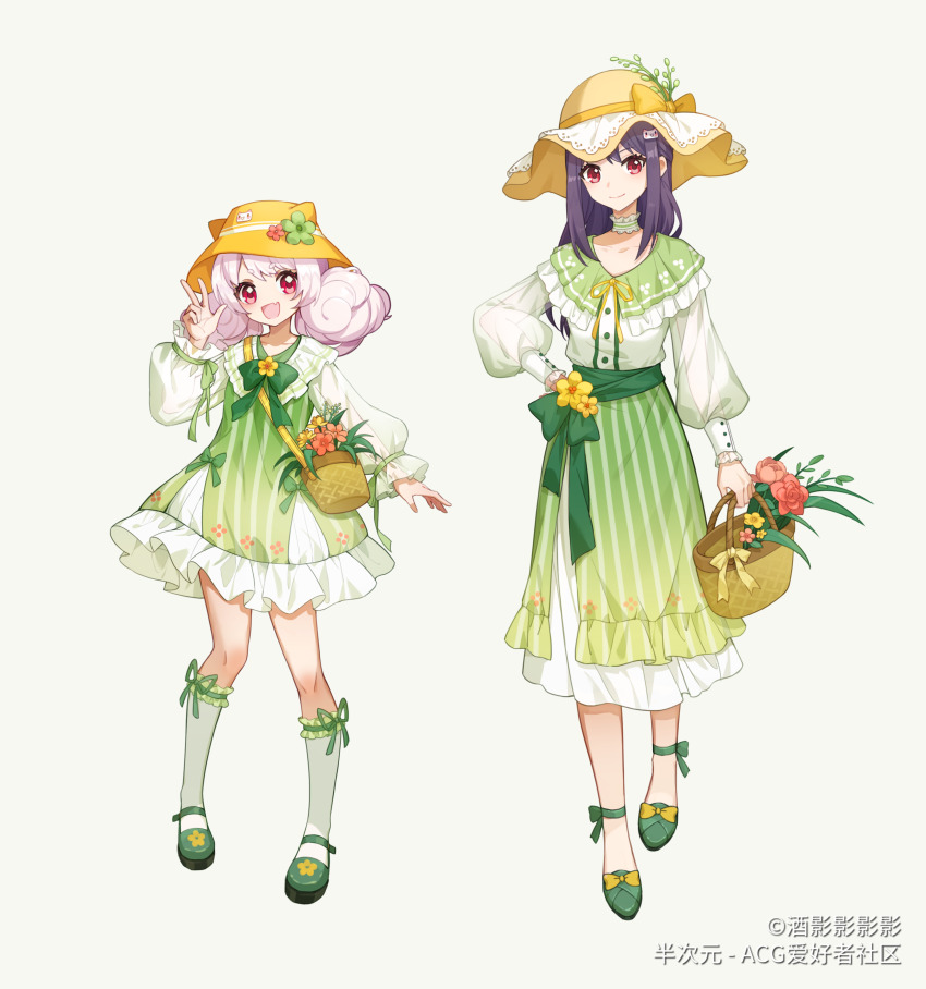2girls, :d, absurdres, animal_hat, ankle_bow, ankle_ribbon, anklet, bag